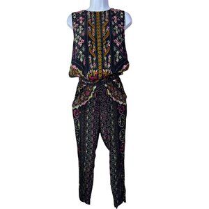 Hemant & Nandita Silk Floral Stitchwork Embroidered Jumpsuit Sz XS Boho Blossom